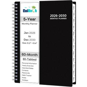 Monthly Planner 2026-2030, 5-Year Calendar Planner 2026-2030, Jan 2026 Dec 2030, 6.2 x 8.4 In, Ruled Spread, Flexible Cover, Spiral Wirebound, Pocket, 60 Coated Monthly Tabs, Notes Habit Tracker