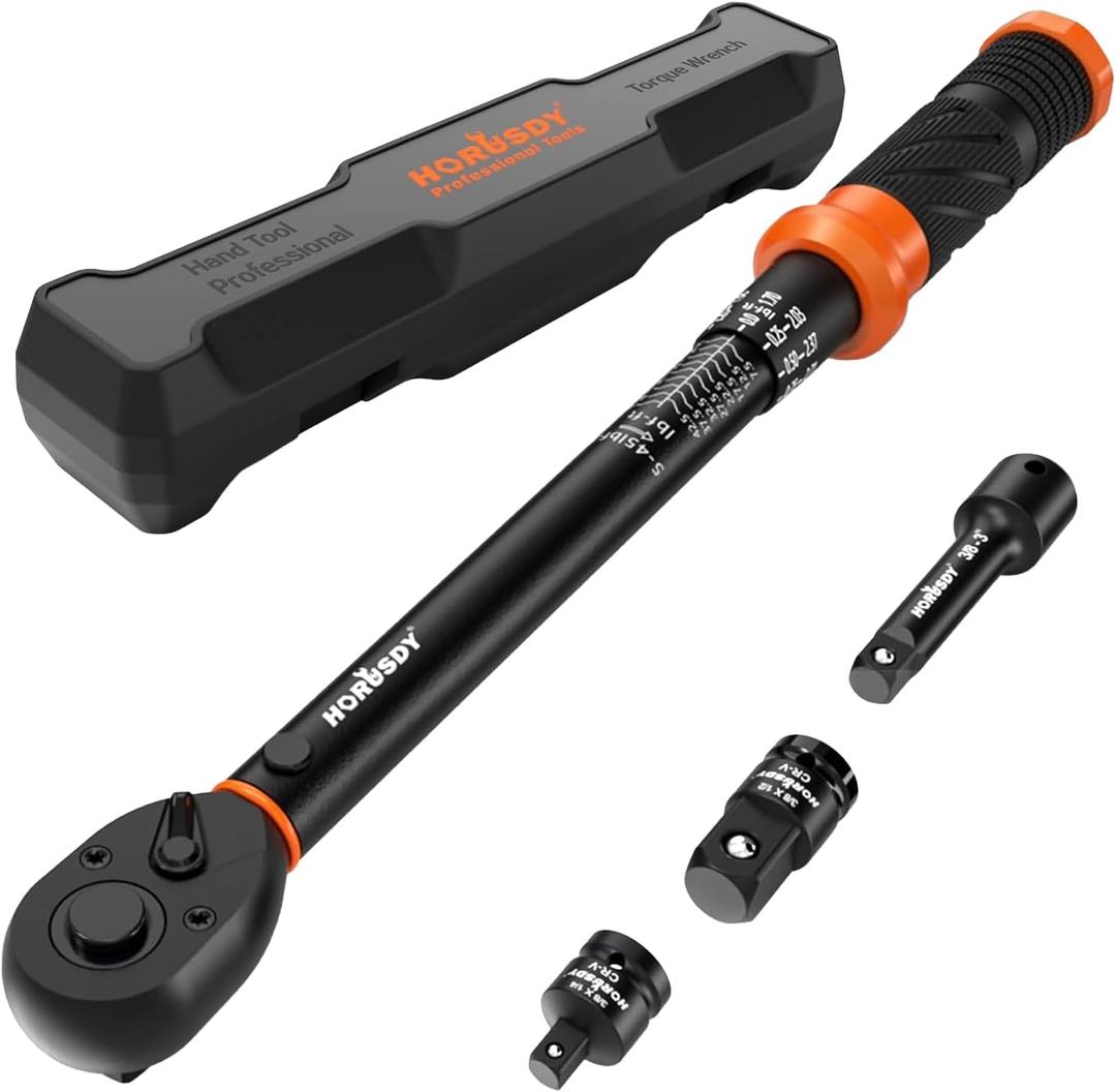 HORUSDY 3/8" 5PCS Torque Wrench Set(545 ft-lb/ 6.861 Nm) Torque Wrench 3/8 Drive with 3" Extension, 3/8" to 1/4" & 3/8" to 1/2" Adapters, Case for Bike, Car, Moto & Other Repair