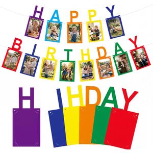Buryeah Happy Birthday Banner with Photo Inserts Rainbow Birthday Sign for Party Decorations Personalized 13 Letters with 6x4 Photo Slots Neon Banner with Frame for Women Men All Ages Celebrations