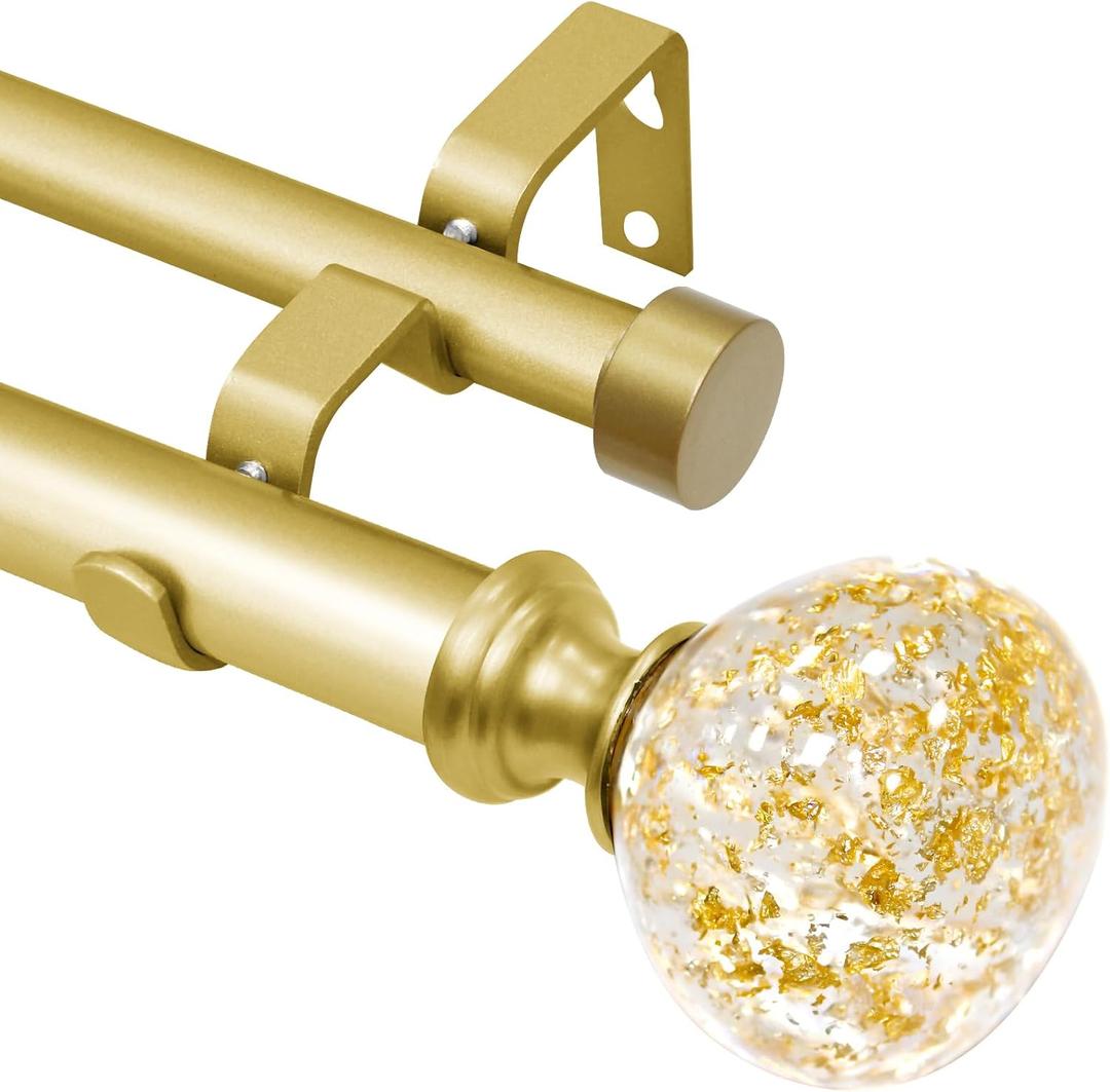 Gold Double Curtain Rod for Windows 48 to 84 Inch: Double Window Treatment Curtain Rod Heavy Duty Adjustable from 48 to 84 Inch - Gold Foil Resin Finials and Double Curtain Rod