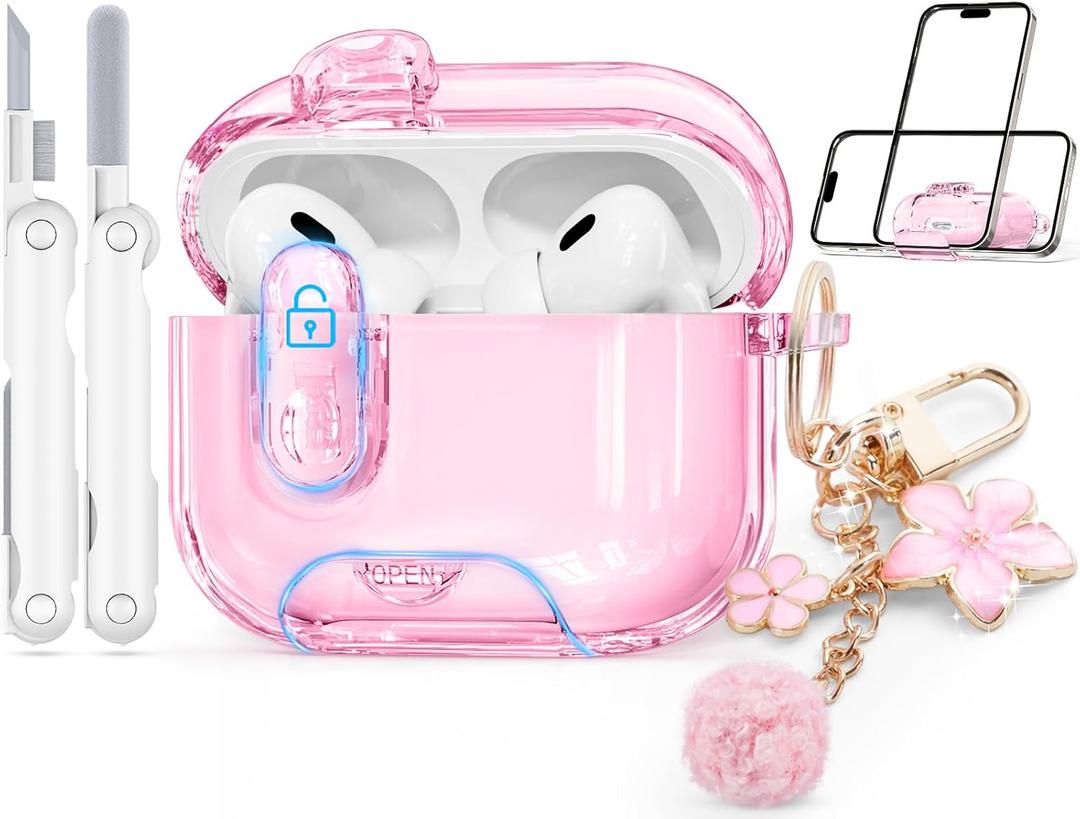 with Safety Lock for AirPods Pro 3 Case 2025,Clear Cases with Phone Stand & Cleaning Kit,Soft TPU Cover for Airpods Pro 3rd Generation Case,Cute Bling Keychain for Women Girls-Pink