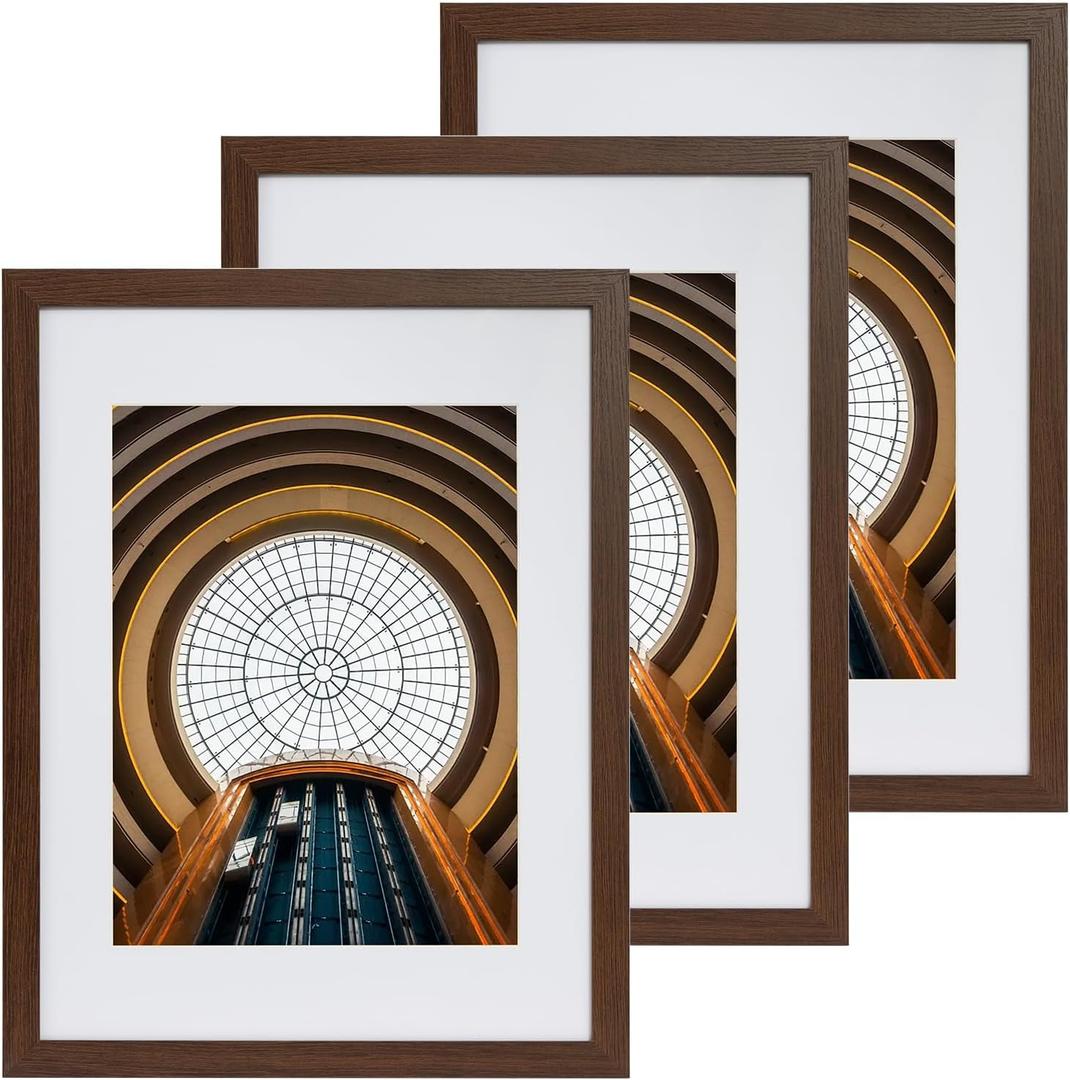 12x16 Picture Frame Set of 3, Photo Frame Display 9x12 Pictures with Mat or 12x16 without Mat, Hang on the Wall, Brown