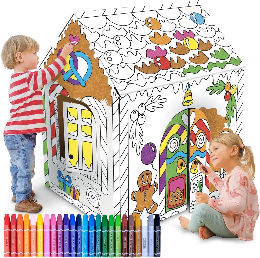 ArtCreativity Gingerbread House Craft Kit for Kids with 24 Butter Crayons - Black and White Gingerbread Cardboard Playhouse to be Colored - Mess-Free Coloring Fun Kids Christmas Activities Ages 3-9