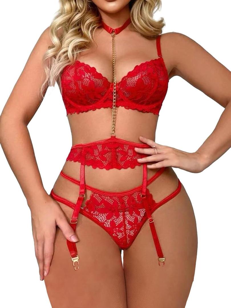 Lilosy Sexy Chain Floral Lace Underwire Push Up Garter Belt Chocker Lingerie Set (Small, Red 2#)