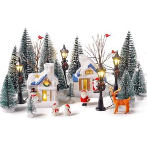 Namalu 34 Pieces Christmas Village Houses Set, Mini Christmas Trees Accessories Set Santa Snowman Street Lamps for Xmas Village Miniature Town Home Table Top Decoration(Cute Style)