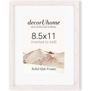 DecorUhome Solid Oak Wood 8.5 by 11 Picture Frame, Display Pictures 6x8 with Mat or 8.5x11 without Mat, Wall & Tabletop Display Picture Frame, White, 1 Pack