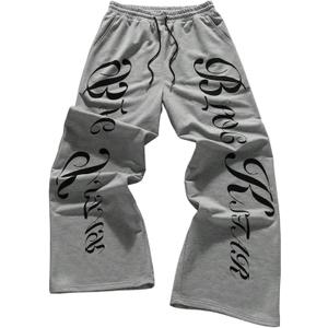 Men's Graphic Letter Wide Leg Sweatpants Drawstring Waist Street Sport Pants with Pockets (Gray, M)