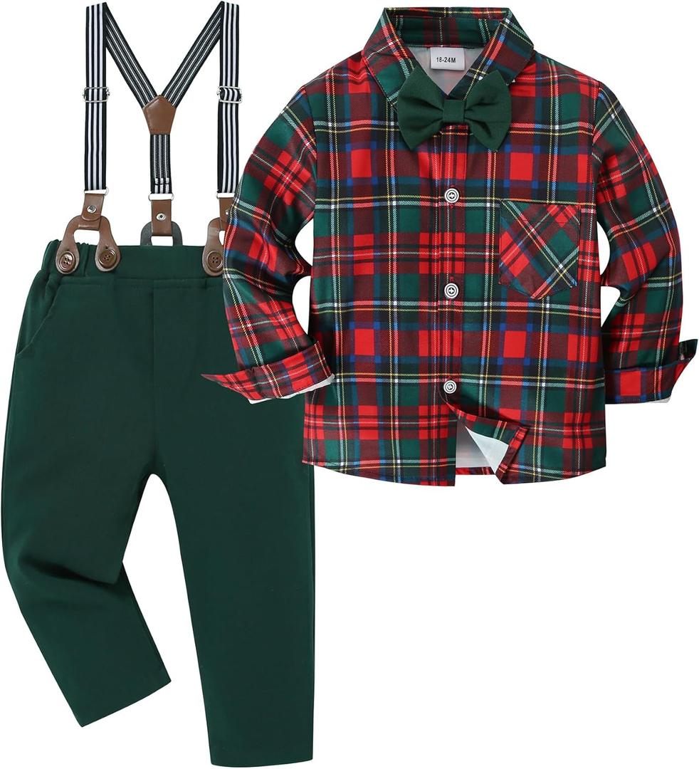 ZOEREA Toddler Baby Boy Suit Clothes Gentleman Wedding Outfits Long Sleeve Dress Shirt + Suspender Pants + Bowtie 4-5T (Grid Red)