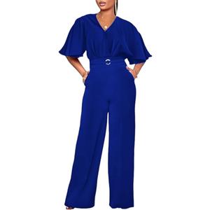 HWP Dressy Jumpsuits for Women Elegant One Piece Jumpsuits V-Neck Ruffle Short Sleeve Wide Leg Ladies Jumpsuit Rompers (L)