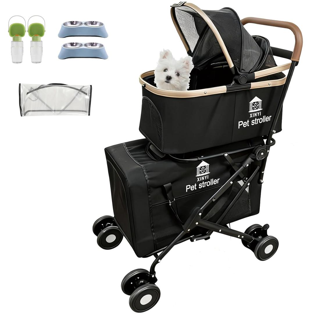 XL Extra-Large Double Pet Stroller, Running&Travel Pet Cart with Weather Cover, Cat&Dog Stroller for Large/Medium/Small Pets, Outdoor Pet Supplies Size: (16.1"(D)28"(W)38.6"(H))