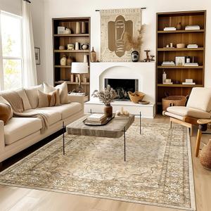 6x9 Area Rugs for Living Room,Machine Washable Low Pile Non Slip Stain Resistant Vintage Euro Floral Boho Desgin Carpet Rug for Bedroom Dining Room Kid's RoomHome Office,Natural Beige