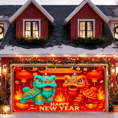 HOMETITUTE Happy New Year 2026 Banner 13x6ft Lunar New Year Garage Door Banner Lion Dance Backdrop New Year's Eve Garage Door Cover for Spring Festival Party Decoration Indoor Outdoor House Wall Background