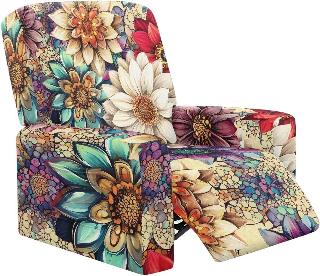 Boho Recliner Chair Cover for Electric Flower Recliner Stretch Slipcovers Printed 4-Piece Lazy Boy 1 Seat Washable Sofa Cover Furniture Protector with Side Pockets for Pets