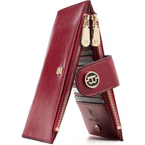 BOSTANTEN Leather Wallets for Women Large RFID Blocking Slim Bifold Purse Card Holder with Zipper Pocket (5-Wine-Red)