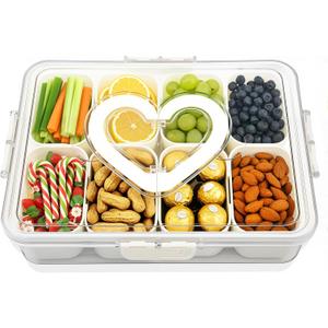 Divided Snack Serving Tray with Lid and Handle travel Snackle Box Charcuterie Container Portable Storage Organizer for Candy Divided Serving Tray with Lid for Fruits, Snacks, Sauces & More