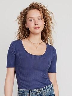 Elbow-Sleeve Rib-Knit T-shirt L, Navy Blue