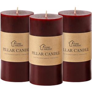 3x6 Inch Burgundy Pillar Candles Set of 3 - Decorative Unscented Pillar Candle, Long Burning Dripless and Smokeless Large Candles Pillar for Wedding Table, Christmas Decor, Dark Red