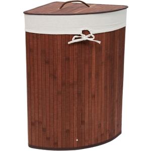 Space-Saving Bamboo Corner Laundry Hamper with Lid – 19 Gallon/73L Collapsible Clothes Basket – Removable Washable Liner – Decorative Wicker Storage for Bedroom, Bathroom, Apartment – Dark Brown
