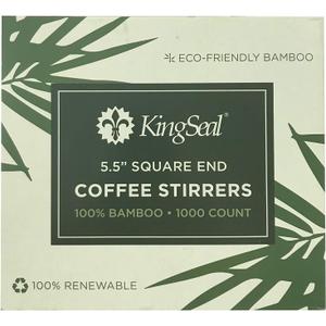 1000 Count | KingSeal Bamboo Coffee Stir Sticks, 5.5 inches, Square End, Stronger and Thicker Than Standard Wood, 100% Renewable and Biodegradable - 1 Box of 1000 Stirrers