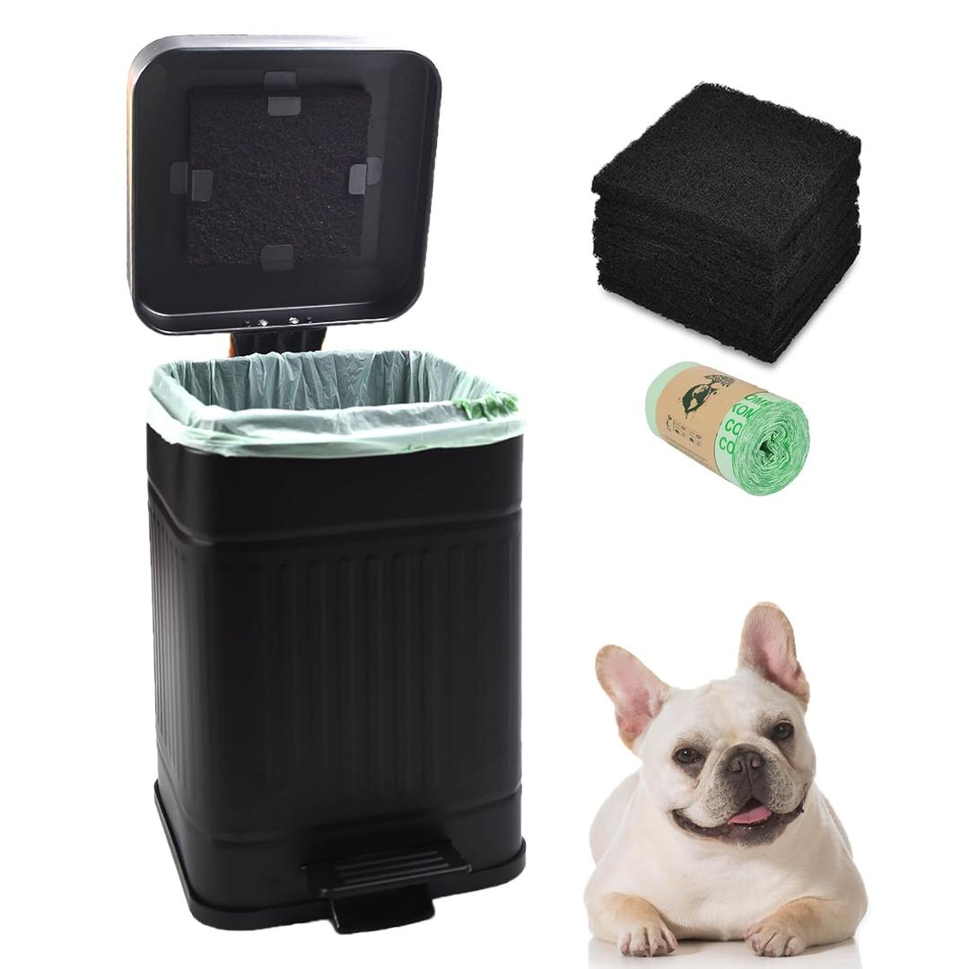 5L Dog Poop Trash Can with Lid for Outdoors，1.3 Gallon Trash Can with Activated Carbon Filter & Plastic Bags, Pet Waste Container，UP5L-BK-Fang