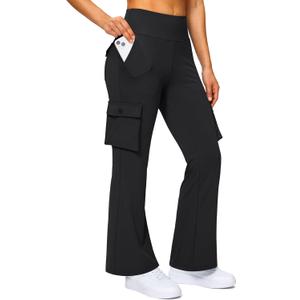 G Gradual Women's 6 Pockets High Waist Yoga Pants Stretch Cargo Flare Leggings for Fitness, Travel, Casual Wear (Black, XL)