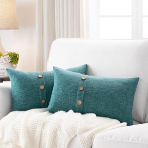 Meekio Set of 2 Teal Blue Lumbar Pillow Covers 12 x 20 Farmhouse Boho Pillow Covers with Coconut Buttons for Sofa Couch Living Room Bedroom Farmhouse Dcor for The Home