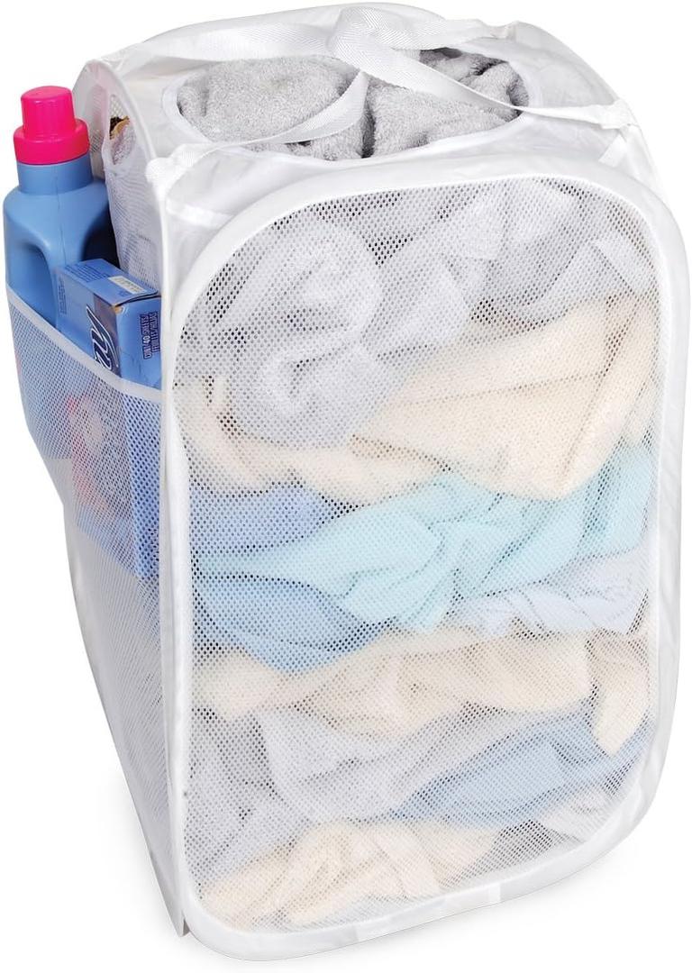 Smart Design Deluxe Mesh Pop Up Square Laundry Hamper w/ Side Pocket & Handles - VentilAir Fabric Collapsible Design - for Clothes & Laundry - Home - (Holds 2 Loads) (14 x 23 Inch) [White]