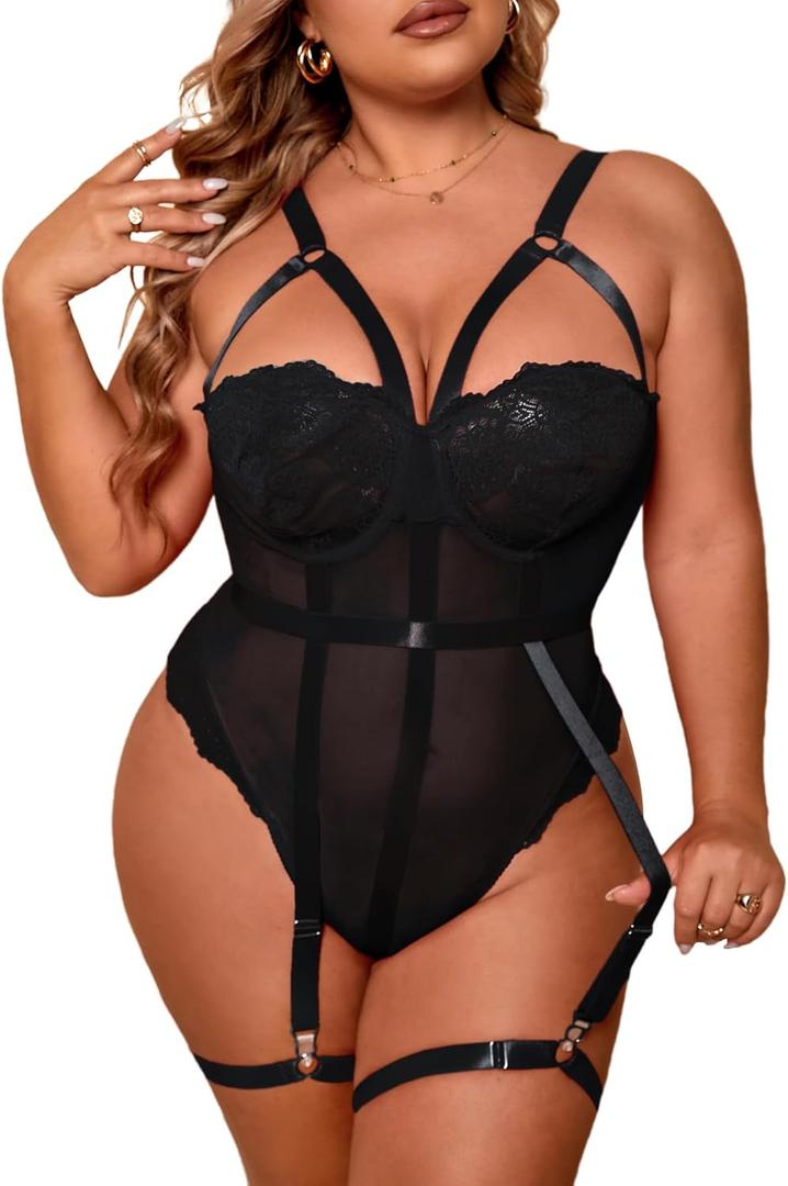 OYOANGLE Women's Plus Size Ring Linked Cut Out Sheer Mesh Teddy Bodysuit Garter Lingerie Set (XX-Large Plus, Black)