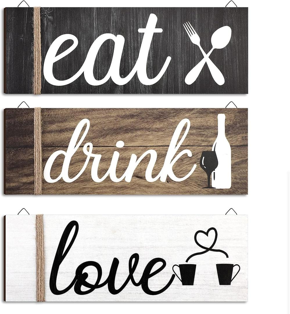 Jetec 3 Pcs Farmhouse Kitchen Wall Decor Rustic Wooden Home Eat Drink Love Sign with Hanging Hole for Home Dining Living Room Bar Cafe Decor(Vivid Color)
