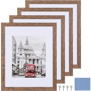 Set of 4, Display 8x10 With Mat or 11x14 Without Mat, Wall Rustic Wood Picture Frames (Rustic Wood)