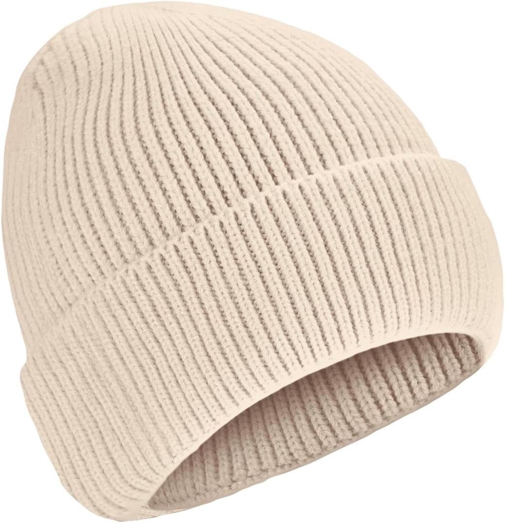 ZOORON 1&2 Unisex Thick Knitted Beanie for Men Women Cuffed Plain Hat Winter Slouchy Ski Beanies (Beige)