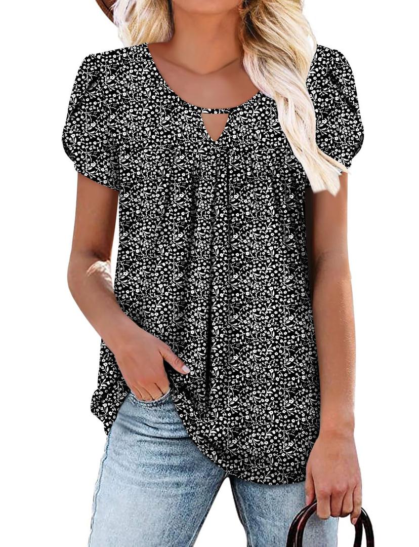 onlypuff Womens Tops Short Sleeve Cute Summer Clothes Pleated Plus Size Front Dressy Casual Blouses DenseBlack Floral XL