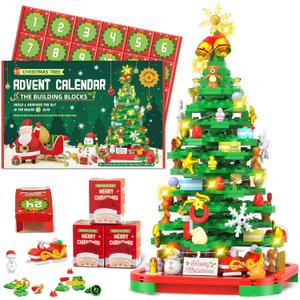 Advent Calendar 2025 Building Blocks Kit - Christmas Tree, 24 Days Countdown Toys Building Set with Light, Christmas Tree Building Toys XMAS Gifts for Kids Adults