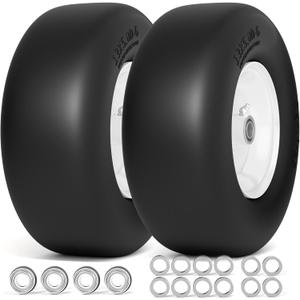 13x5.00-6 Flat Free Lawn Mower Tire, 13x5-6 Zero Turn Mower Front Tires, 13x5x6 Solid Mower Wheel for Residential and Commercial, 3/4" and Extra 5/8" Bearing, 3.25"-5.9" Center Hub, 2Pack White