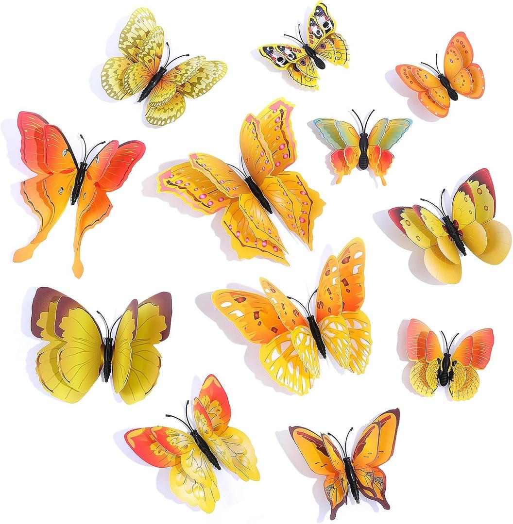 SAOROPEB 3D Butterfly Wall Decor, 24 Pcs Double Layer Butterfly Decorations for Party Decorations Locker Decor Refrigerator Decal, Reusable (Yellow)