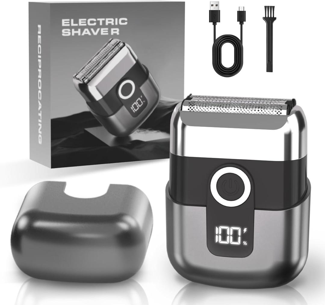 Electric Foil Shavers for Men: Mini Electric Razor, Foil Shaver for Face, IPX7 Waterproof Wet Dry Cordless Razor with 3 Floating Blades, LED Display for Travel & Home, USB Type C (Grey)