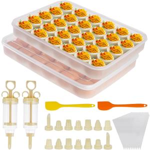 FACULX 3 Pack Deviled Egg Containers with Lid and 8 Pcs Deviled Egg Injector Piping Tool, Egg Organizer for Refrigerator, Fridge Stackable Countertop Portable Egg Platter (transparent-2 packs)