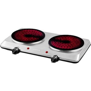 OVENTE Countertop Infrared Double Burner, 1500W Electric Hot Plate and Portable Stove with 7.5 Ceramic Glass Cooktop, 6 Level Temperature Setting and Easy to Clean Base, Silver BGI202S