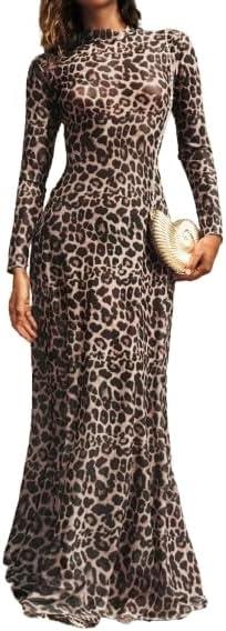 WDIRARA Women's Leopard Print Knitted Mesh Long Sleeve Fitted A-Line Maxi Dress, Size L