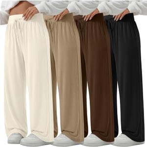 4 Pack Women's Plus Size Lounge Pants Wide Leg Yoga Pants Drawstring Baggy Sweatpants Loose Casual Workout Jogger (5X-Large, Black, Coffee, Khaki, Cream)