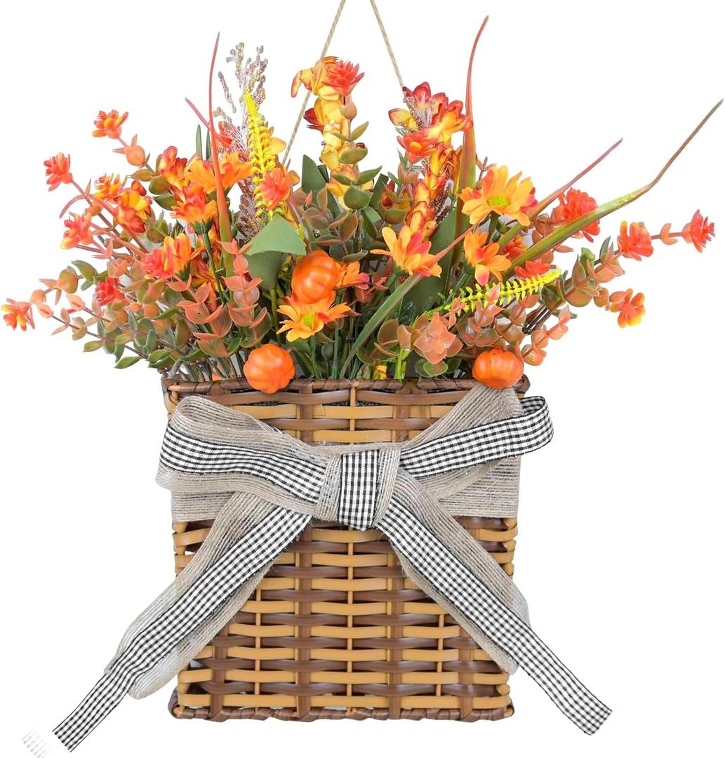 Thanksgiving Fall Door Hanger Basket Wreath Orange Pumpkin Wreath, Artificial Autumn Pumpkin Wreaths with Mixed Leaves Sunflower for Front Door Indoor Outdoor Decor Farmhouse Harvest Orange Wreaths