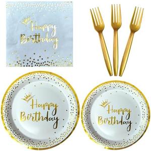 96 Pieces White and Gold Disposable Birthday Plates and Napkins Party Supplies,Plastic Forks Serve 24 Guests for Birthday Party Decorations
