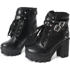 FOREADA Goth Boots Chunky Heel Boot For Women Ankle Combat Booties Black Platform Bootie Buckle Rivets Punk Goth Shoes With Zipper (10.5)