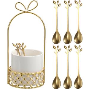 ELLDOO Coffee Spoon Set, White Ceramic Holder with 8 Stainless Steel Gold Leaf Coffee Spoons, Creative Flatware Set for Stirring, Mixing, Sugar, Ice Cream, Cake (8 x Spoons)