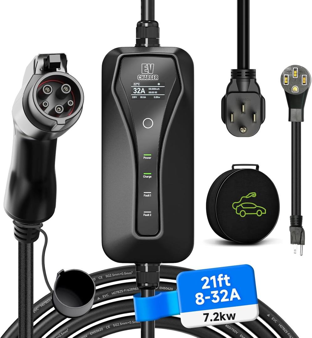 Level 2 EV Charger[32A 7.2kW 110V-240V], Portable EV Charger Level 2 with NEMA 14-50P&5-15 Adapter, 32A/16A/13A/10A/8A Adjustable & Delay Charge 1-15H Electric Vehicle Charging Stations