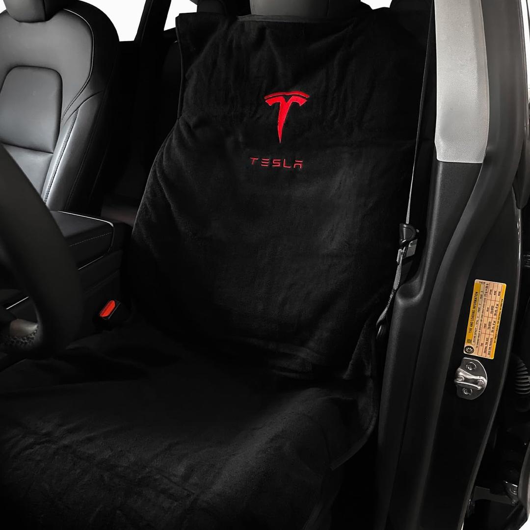 Compatible with Tesla Model S/3/X/Y Premium Towel Car Seat Cover - Waterproof & Machine Washable - Seat Protector for Dog, Pets, Sweat from The Gym (Black)