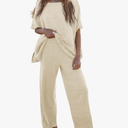 Tankaneo Women's 2 Piece Travel Outfits Casual Short Sleeve Knit Sweater Set Wide Leg Pants Lounge Sets Tracksuit, L