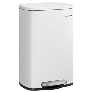 SONGMICS 13 Gallon (50 L) Trash Can, Stainless Steel Kitchen Garbage Can, Recycling or Waste Bin, Soft Close, Step-On Pedal, Removable Inner Bucket, White ULTB050W01
