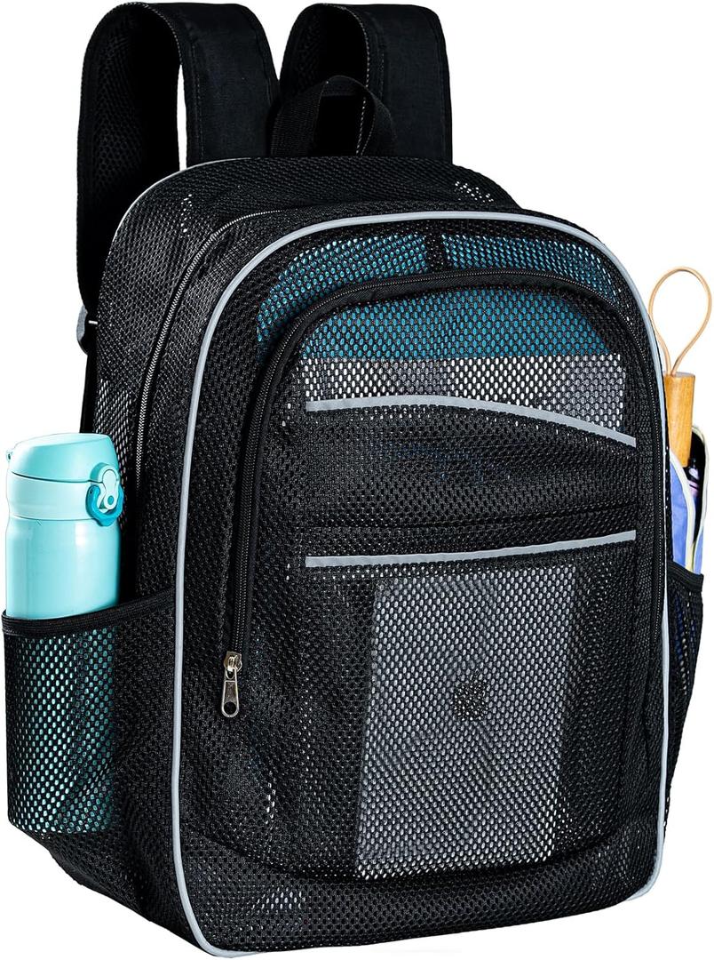 Large Mesh Backpack for School 27L with Reflective Strips, See Through Travel Backpack for Women Men Beach Outdoor