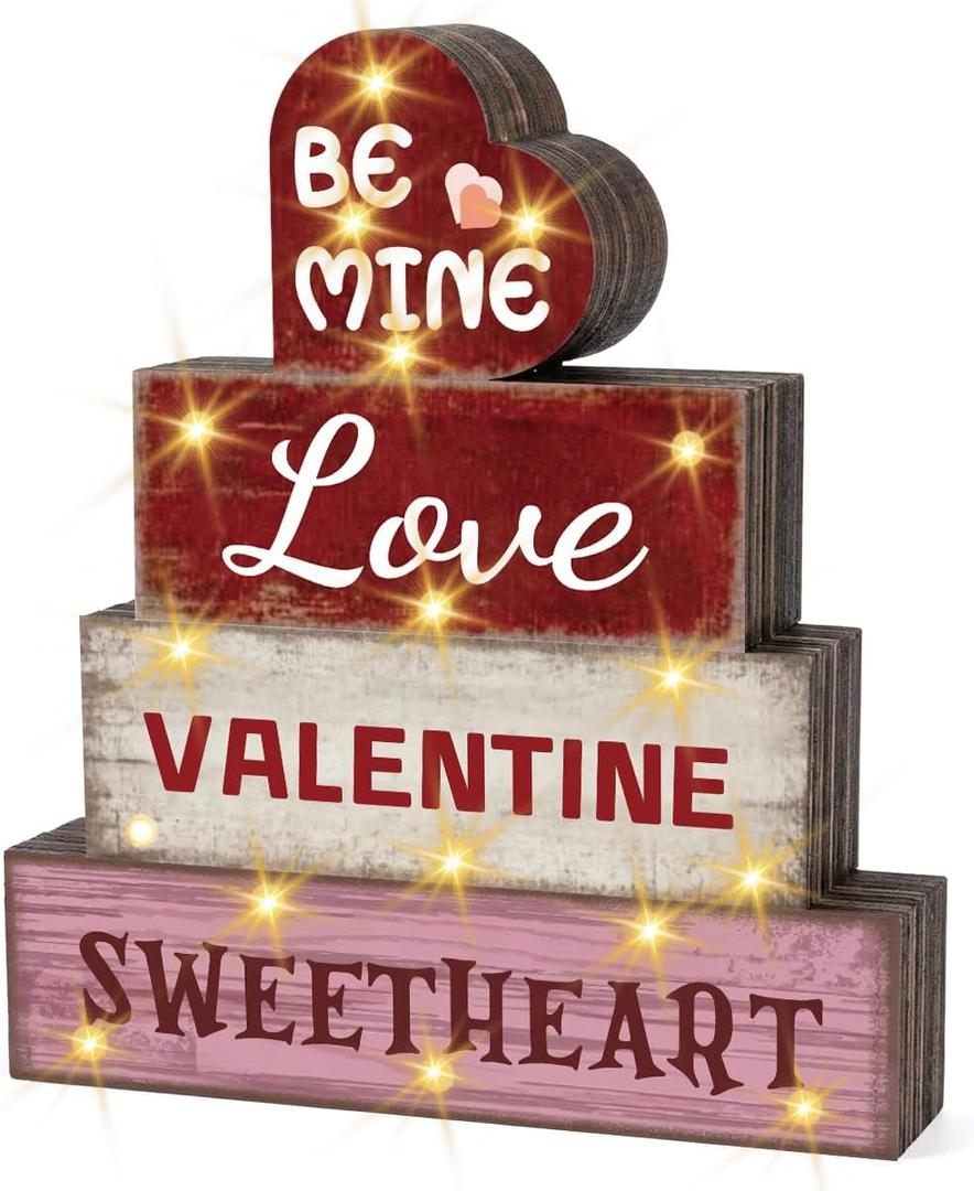 Valentines Day Decorations for Home with LED Lights Happy Valentine Party Decor Love Valentine Sweetheart Sign Tabletop Centerpieces Rustic Farmhouse Decorations for Home Office Kitchen Shelf